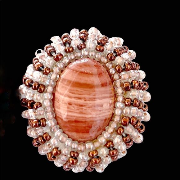 Vtg hand beaded Banded Agate earrings pierced crystal ab copper glass bead - Picture 8 of 9